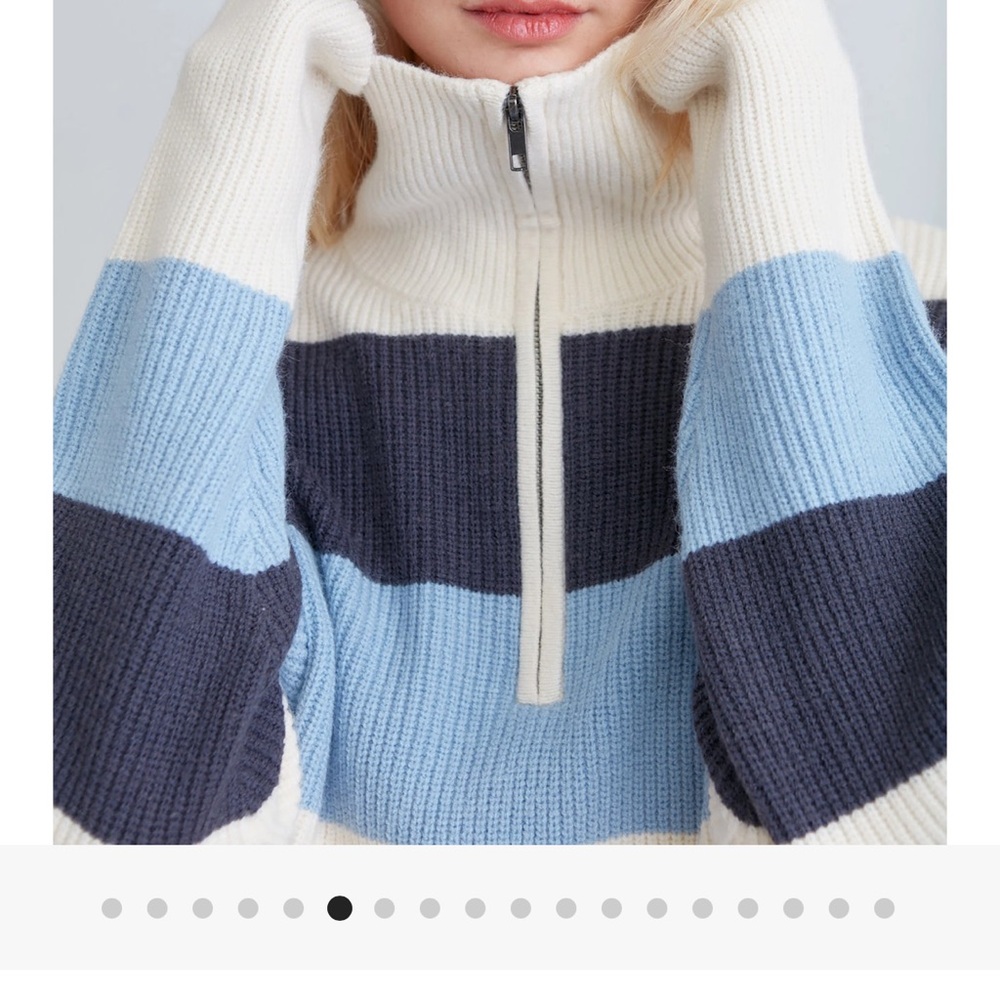OAK + FORT Blue and Cream Striped Half-Zip Sweater